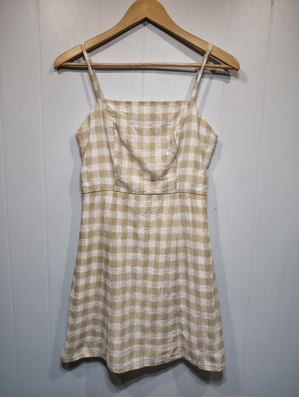 Midnight Doll Gingham Mini Dress Tan Beige Cream Checkered Size Small